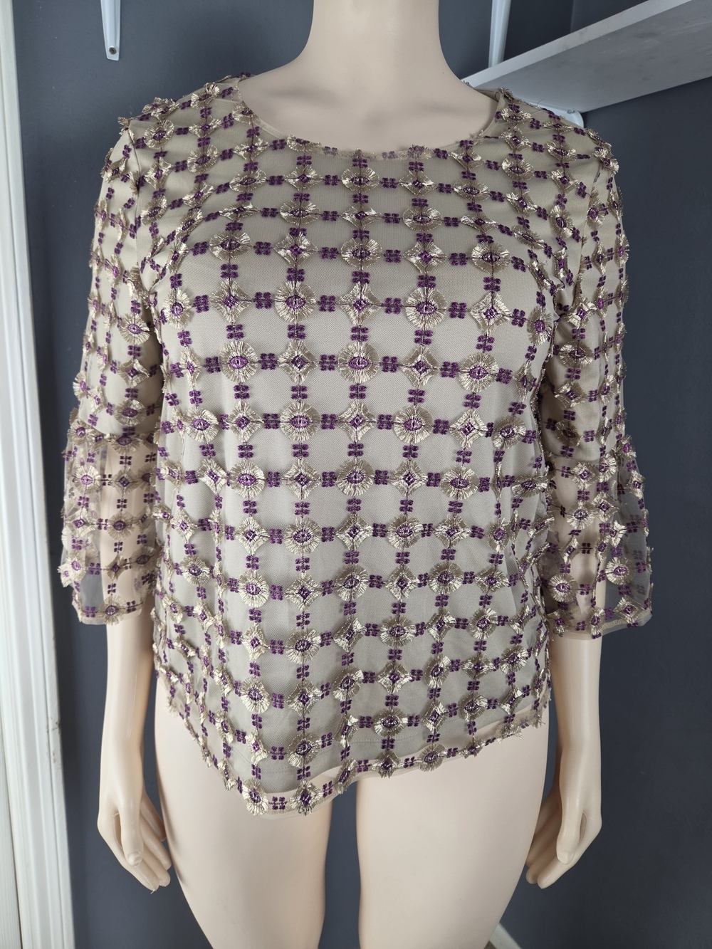 Calvin Klein Beige Blouse with Purple Beaded Grid
